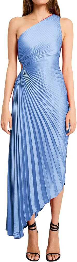 Molisry Women Satin One Shoulder Maxi Dress 2023 Summer Sexy Pleated Sleeveless Side Hollow Out P... | Amazon (US)