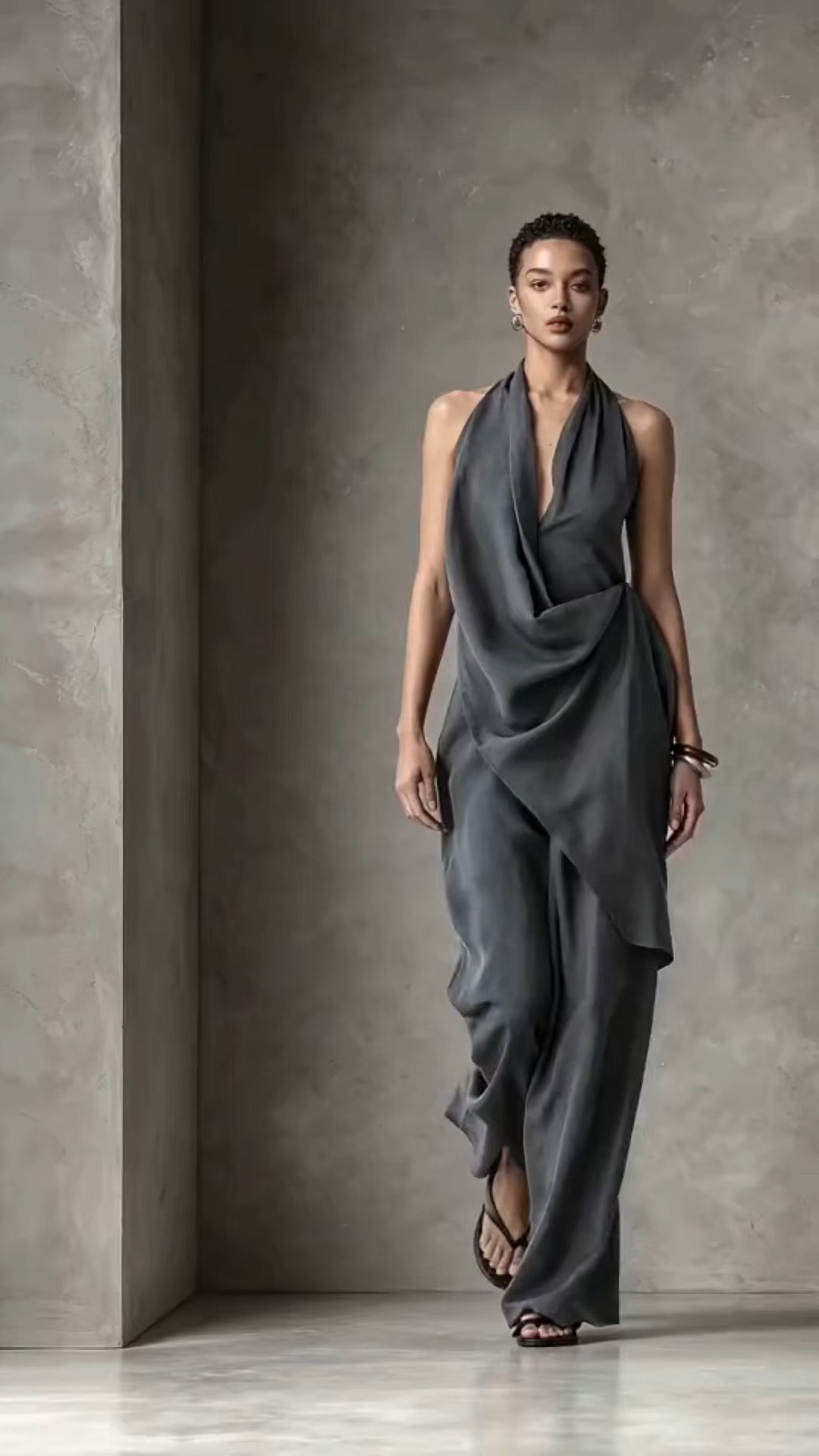 Charcoal grey linen halter jumpsuit with fluid draped details, embodying minimalist sophistication and modern, effortless glamour.

#LTKootd #LTKOver40