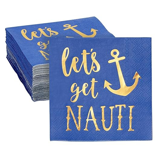 Juvale 50 Pack Blue Nautical Napkins for Let's Get Nauti Bachelorette Party Decorations, Gold Foi... | Amazon (US)