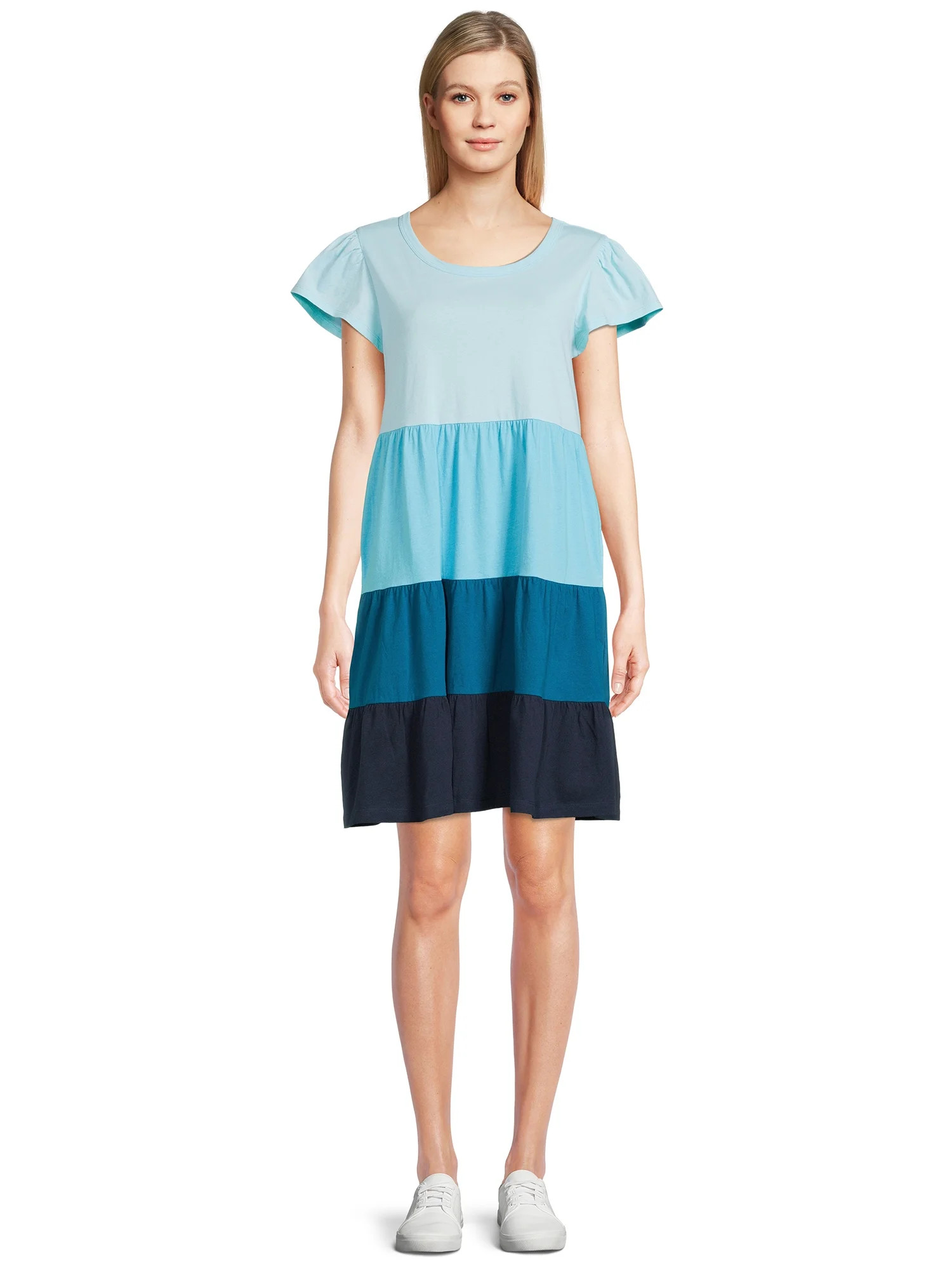 Time and Tru Women's Short Sleeve Tiered Knit Dress | Walmart (US)