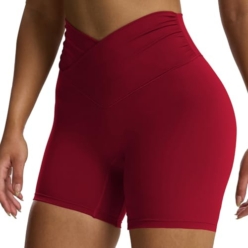 Aoxjox Venus Workout Biker Shorts for Women Cross-Waist Tummy Control High Waisted Hidden Scrunch Yoga Short 6" (Rumba Red, Small) | Amazon (US)