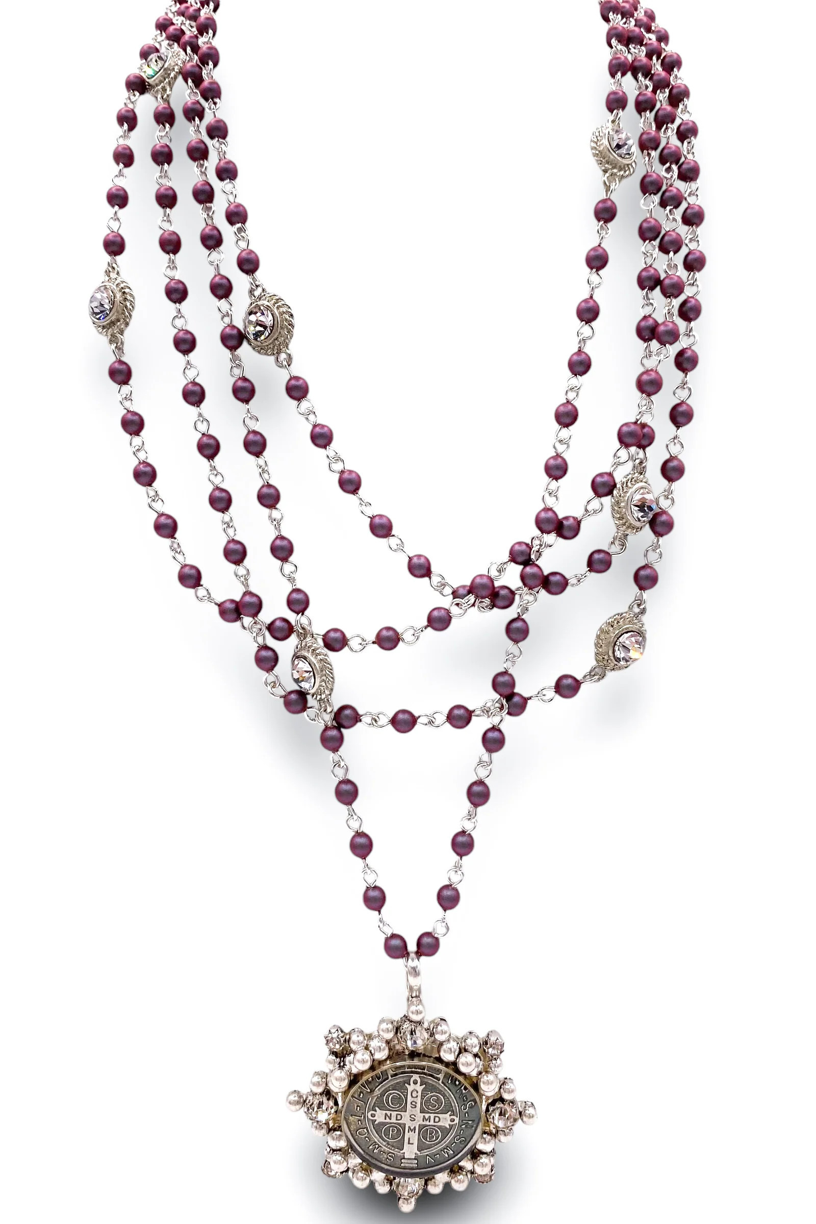 Magdalena 4mm Pearl Iridescent Red Necklace - San Benito Medallion | Virgins Saints & Angels - FINAL SALE | The Willow Tree