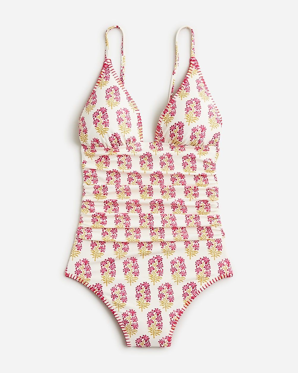 Ruched plunge one-piece swimsuit in berry block print | J.Crew US