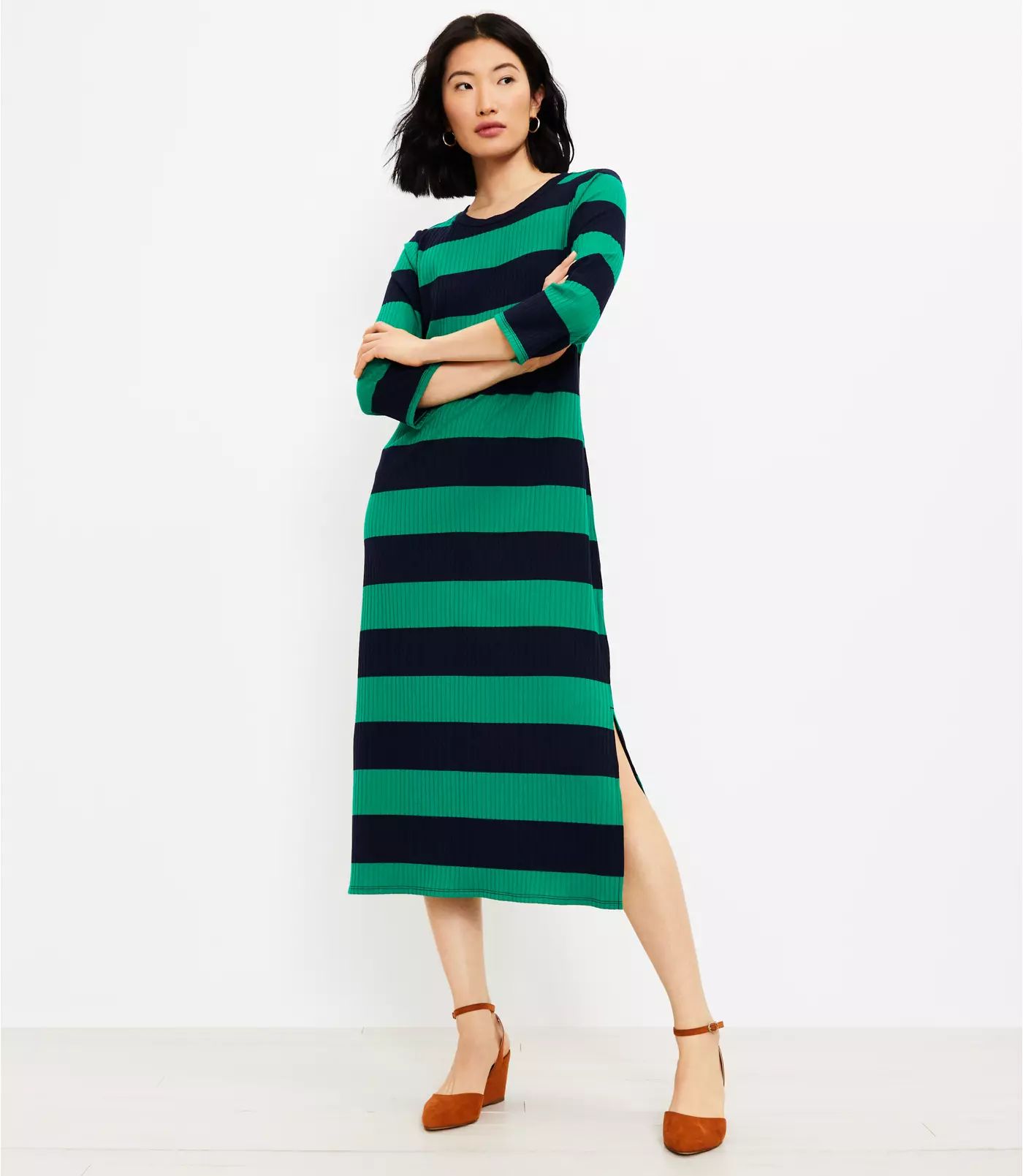 Striped 3/4 Sleeve Midi Dress | LOFT | LOFT