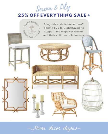 FYI today only!! Serena & Lily is one of the retailers celebrating Giving Tuesday! 🤗 

Now not only do you get 25% OFF everything, if you buy select rattan pieces (more linked!) they will donate $25 to support women and children in Indonesia 🤍

So if you’ve been eyeing any of these favorites, like these Sunwashed riviera counter stools or this bench, and were planning to buy before the sale ends tomorrow night…it’s a great time to buy a beautiful handmade piece for 25% off…and give back a little!

#LTKsalealert #LTKhome