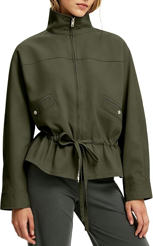 Womens Drawstring Waist Funnel Neck Jacket Casual Peplum Hem Coat | Amazon (US)