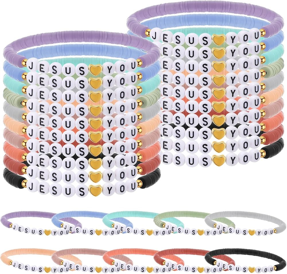 30 Pcs Jesus Loves You Bracelets Bulk Friendship Bracelets Clay Bead Christian Wristbands for Kid... | Amazon (US)