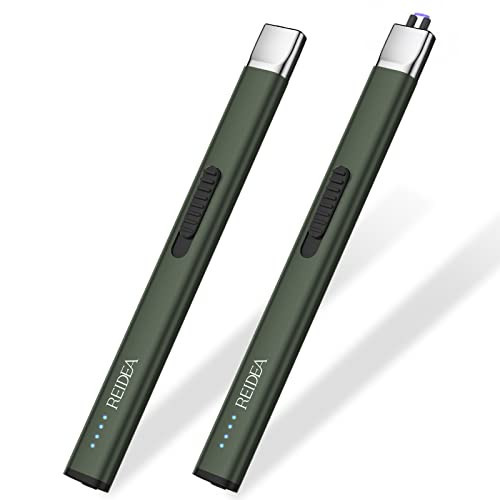 REIDEA Lighters 2 Pack R1 Flat Electronic Candle Lighter, Windproof Flameless USB Rechargeable Arc Lighter with Safe Button and Power Indicator for Candle, BBQ and Fireworks, Pine Green | Amazon (US)