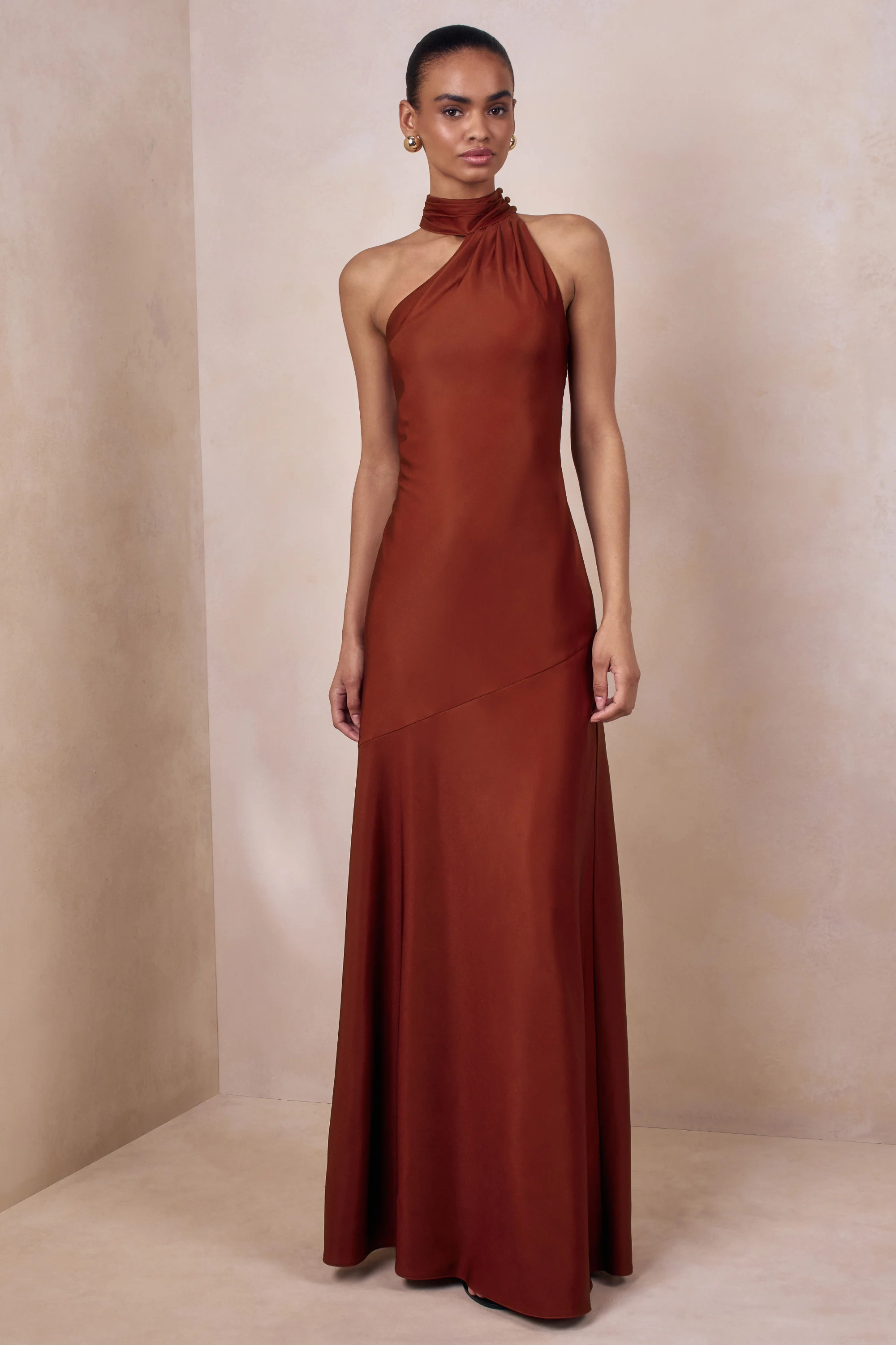 Cara | Rust Matte Satin High-Neck Maxi Dress | Club L London