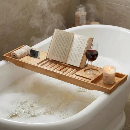 Bathtub Caddy Tray for Tub, Expandable Bamboo Bath Table Shelf with Book and Wine Glass Holder, Bathroom Accessories Gift for Spa, Housewarming | Walmart (US)