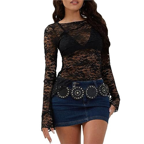Women Y2k Lace Long Sleeve Top See Through Mesh Crop Top Floral Slim Fit Layering Top Tees Shirt Blouse Streetwear (E-See Through Black, L) | Amazon (US)