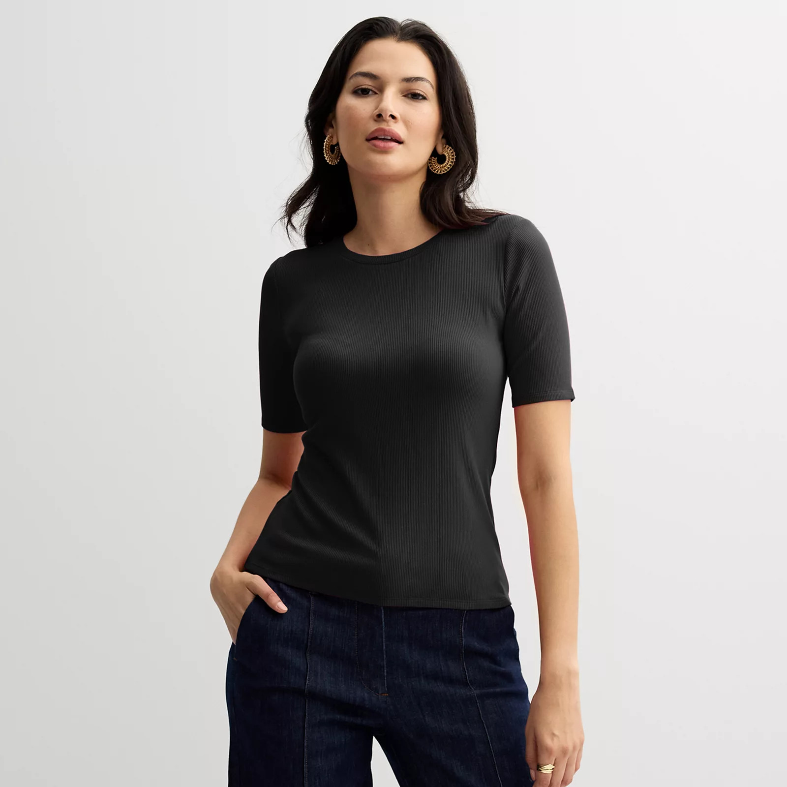 Petite Nine West Fitted Elbow Sleeve Tee, Women's, Size: Small Petite, Mineral Black | Kohl's
