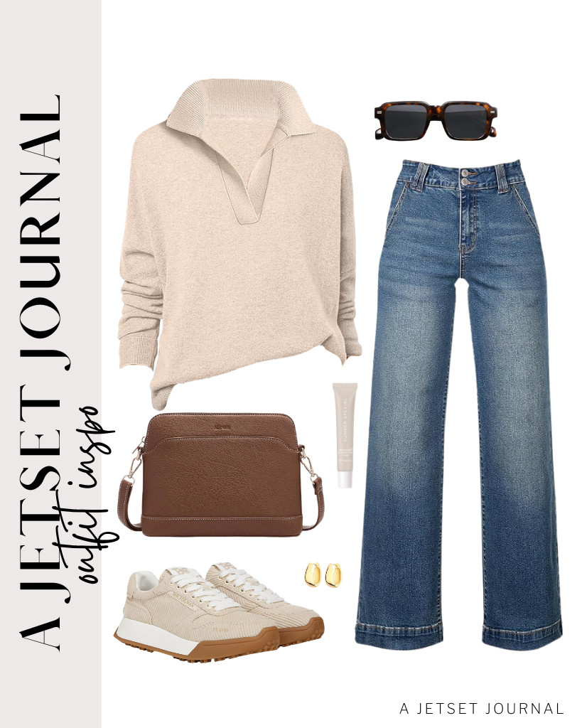 Look nice and classy with this almond V-neck sweatshirt paired with high-waist jeans and Sam Edelman’s Layla Sneakers. Add a finishing touch by wearing a chunky hoop earrings set and applying a Summer Special Lip Butter Balm. 

 #LTKSeasonal #LTKSaleAlert #LTKTravel