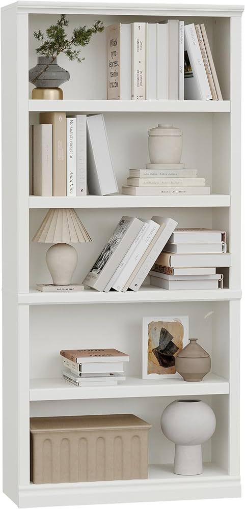 blini 5-Shelf Tall Bookcase White Wooden Bookshelves 33in Wide Floor Standing Display Storage She... | Amazon (US)