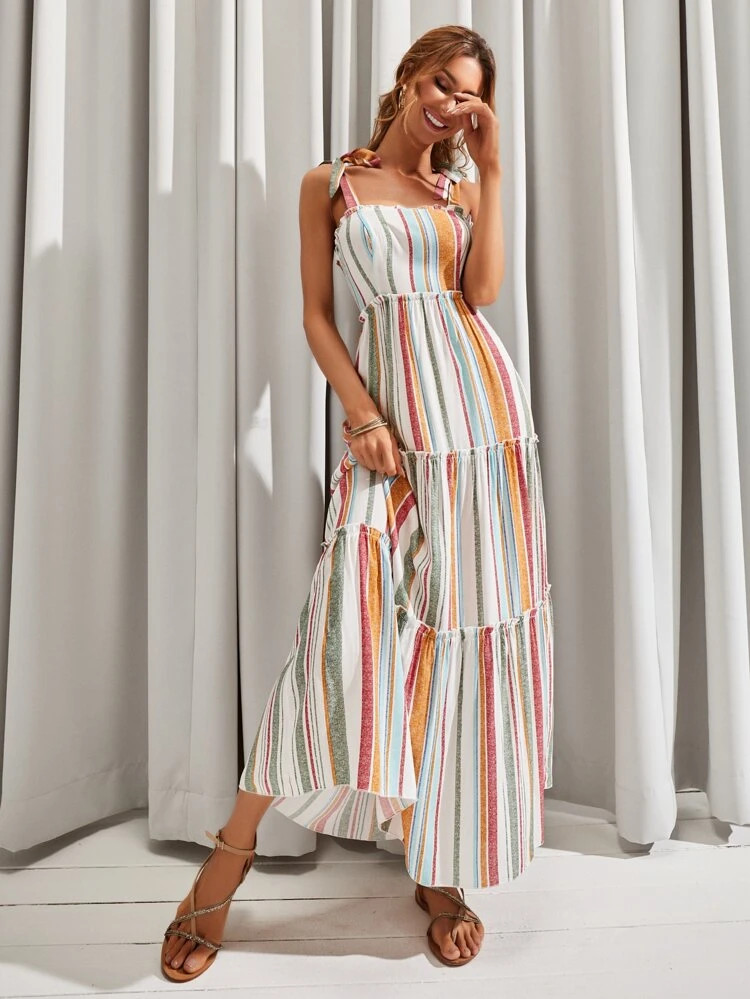 LUUKSE Knot Shoulder Frill Trim Striped Dress | SHEIN