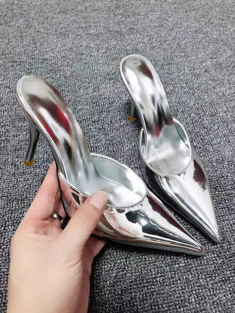 2025 Women's Sexy Glamorous Silver High Heel Pumps, Pointed Toe Stilettos, Slip-On Heels, Comfortable For Daily Wear, Work And Shopping | SHEIN