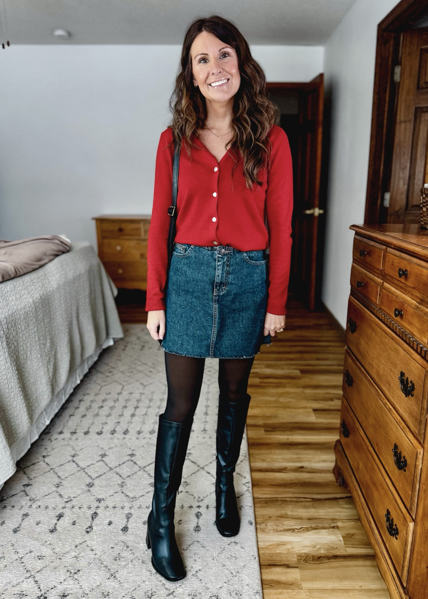 use INFG-25MARISSA10  for 10% off your first order from Quince (new customers only!)

My denim skirt is super old,  so I linked a bunch of similar options. 

Size xs in my red cashmere cardigan (also linked more affordable options). My tall boots are size 6.5 and my fleece-lined tights are small/medium. 
 
#quincedenim #quincetryon #cashmeresweater #cottonsweater #cashmerecardigan #cottoncardigan #quincesweater 


#LTKPetite #LTKHoliday #LTKgrwm