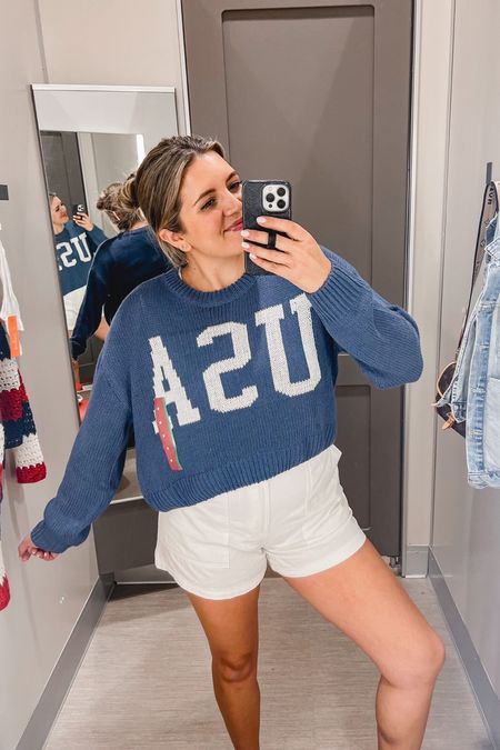 Memorial Day outfit, 4th of July outfit, July fourth, patriotic outfit. Red, white and blue.

USA Sweater- TTS
Shorts- sized up one
Sandals- tts
@target @targetstyle #target

#LTKunder50 #LTKunder100