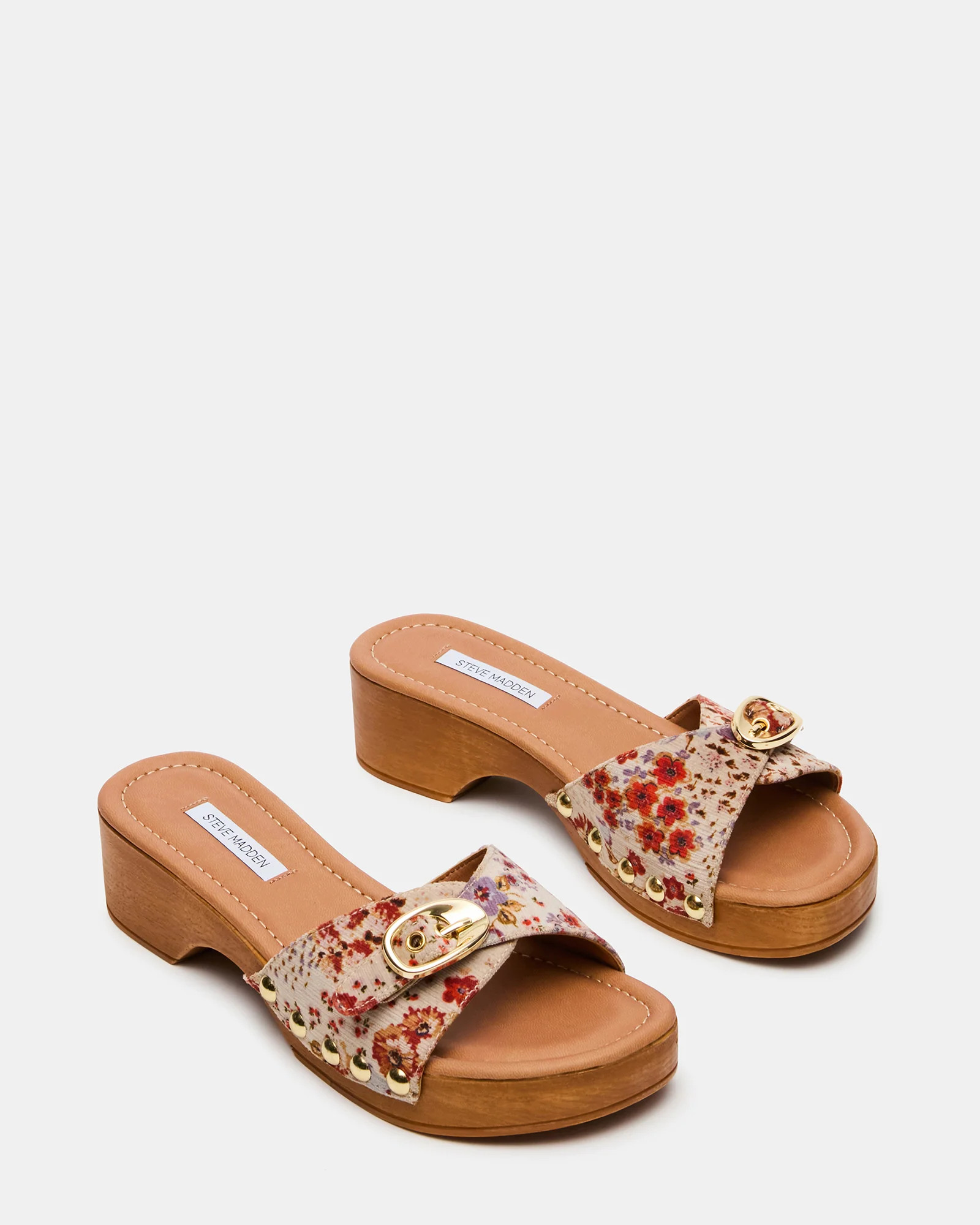 FREDI Floral Mule Buckle Studded Platform Wood-Bottom Women's Sandal | Steve Madden (US)