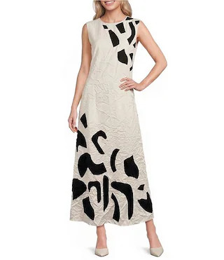 Embroidered Geo Print Crew Neck Sleeveless A-Line Maxi Dress | Dillard's
