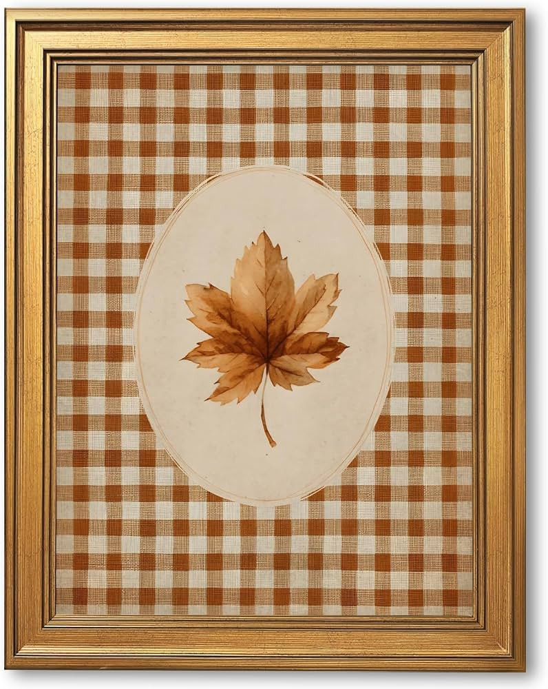 Gold Framed Autumn Leaf Canvas Wall Art Print Gingham Fall Botanical Painting Rustic Cottagecore ... | Amazon (US)