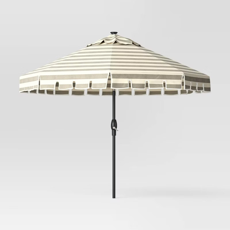 9'x9' Scalloped Patio Umbrella Cabana Stripe Black - Black Pole - Threshold™ | Target