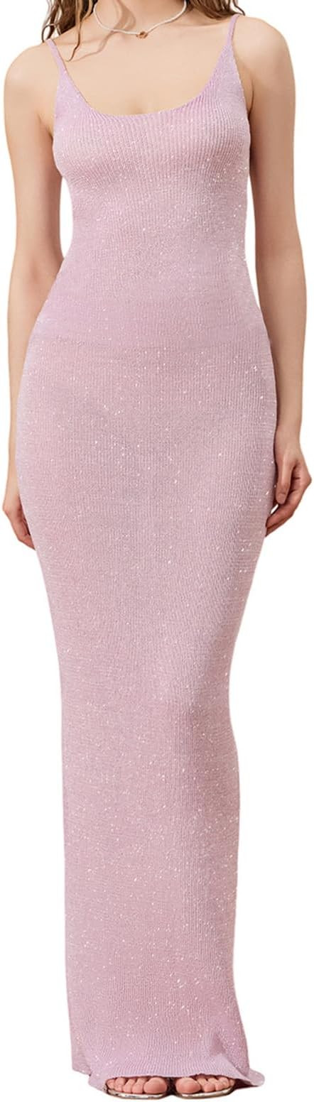 Women Spaghetti Strap Glitter Rib Knit Bodycon Maxi Dress Sleeveless Scoop Neck Sparkle Sequin Lo... | Amazon (US)