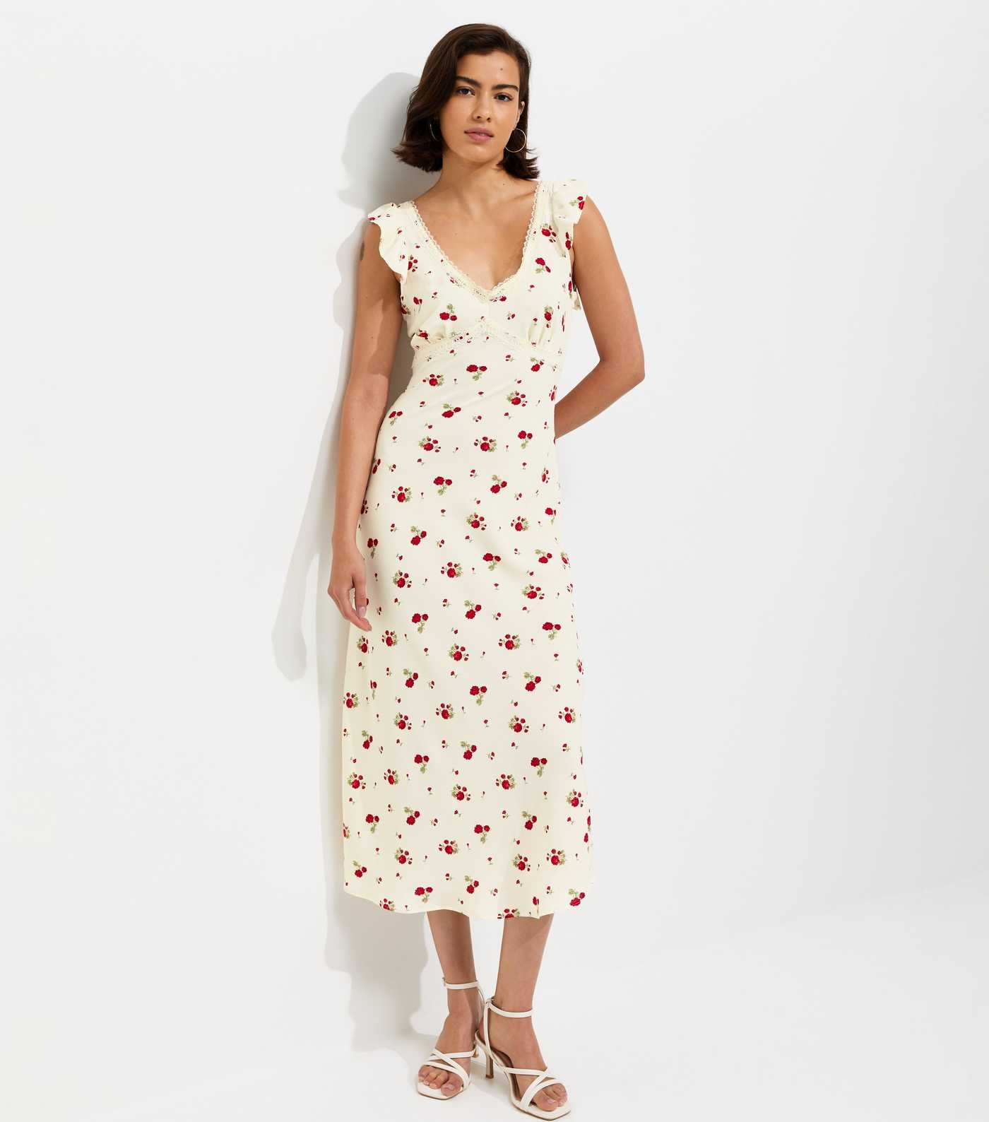 Cream Rose Print Lace Trim Tea Midi Dress | New Look | New Look (UK)
