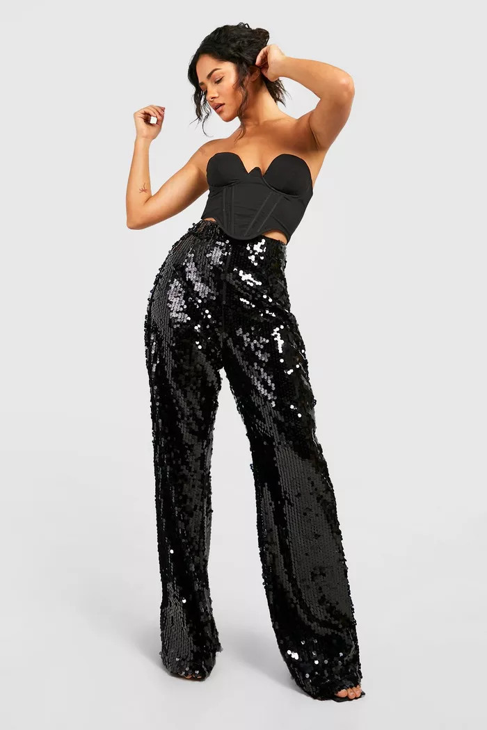 Sequin High Waisted Wide Leg Pants | boohoo (US & Canada)