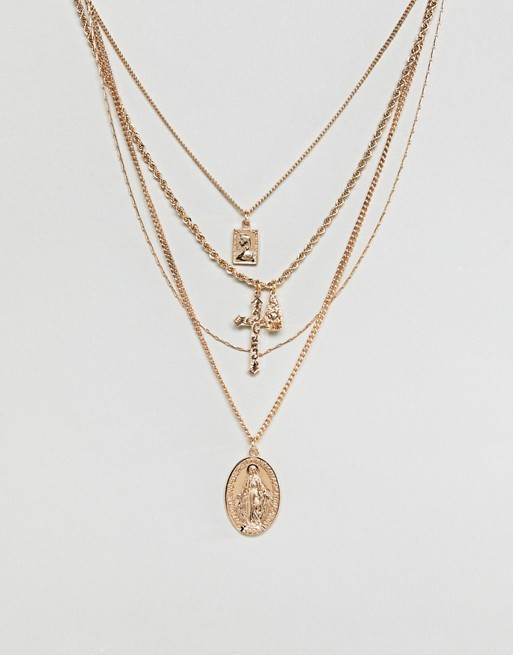 ASOS DESIGN multirow necklace with vintage style icon and cross pendants in gold | ASOS US