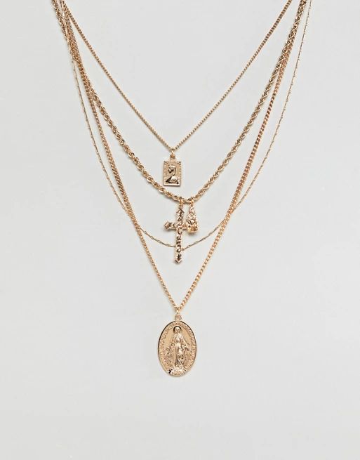 ASOS DESIGN multirow necklace with vintage style icon and cross pendants in gold | ASOS US