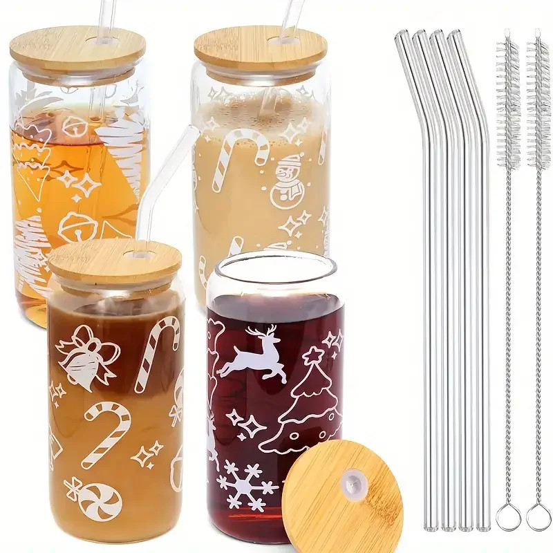 4Pcs Christmas Glass Cups, 16oz Christmas Mason Jars with Lid and Straw Christmas Tumbler Drinkin... | Walmart (US)