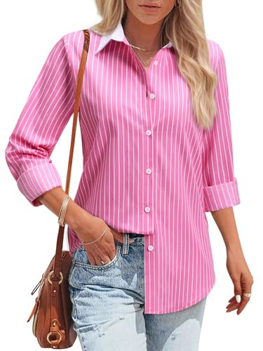 Striped Button Down Shirts for Women Cotton Dress Shirt Long Sleeve Collared Blouse Tops Business Office Attire - Pink Striped M | Amazon (US)