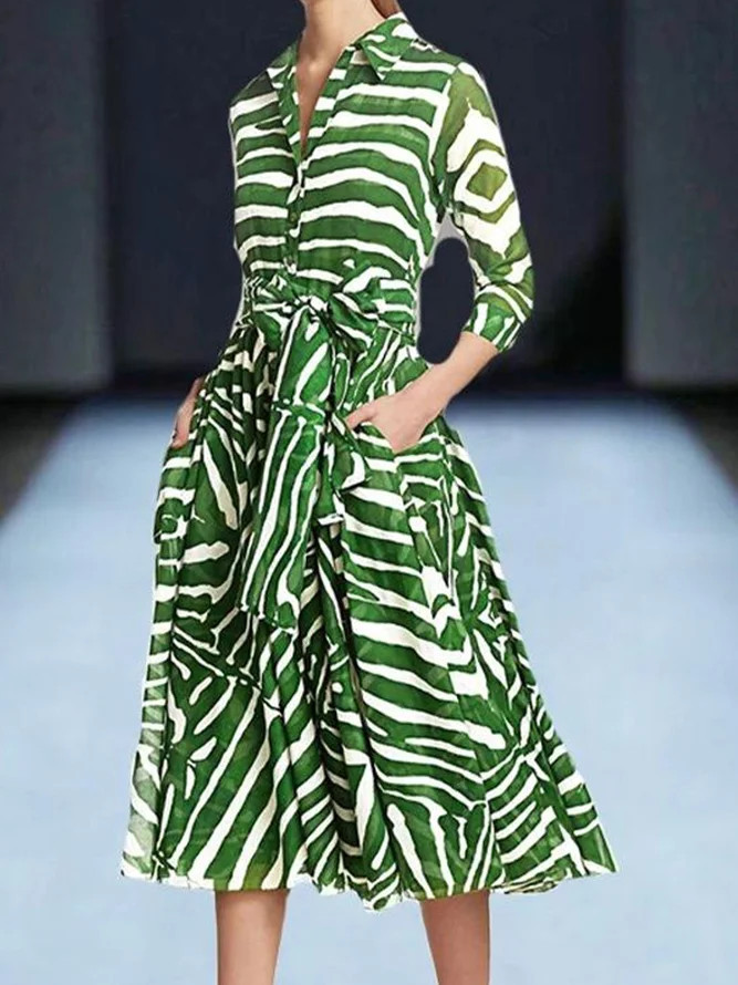 AWork-Line Shirt Collar Work 3/4 Sleeve Stripes Work Midi Dress | StyleWe (US)