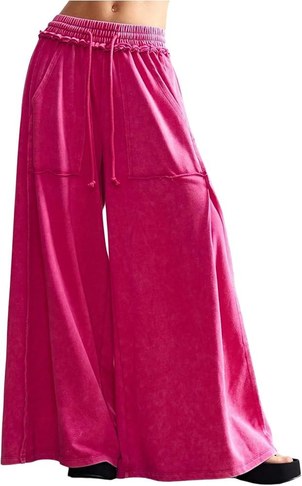 Women's Baggy Sweatpants Color Block Patchwork Wide Leg Sweat Pants Palazzo Flowy Pants Joggers | Amazon (US)