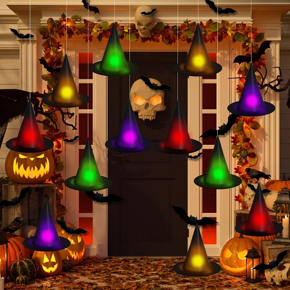 YUJUN 24PCS Halloween Decorations Witch Hats Lights,Colorful Halloween Hanging Witch Hats with 3D... | Amazon (US)