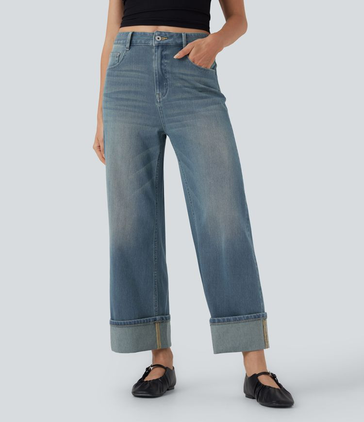 Women’s Halara Flex™ High Waisted Pockets Rolled Hem Wide Leg Washed Casual Jeans - Halara | HALARA