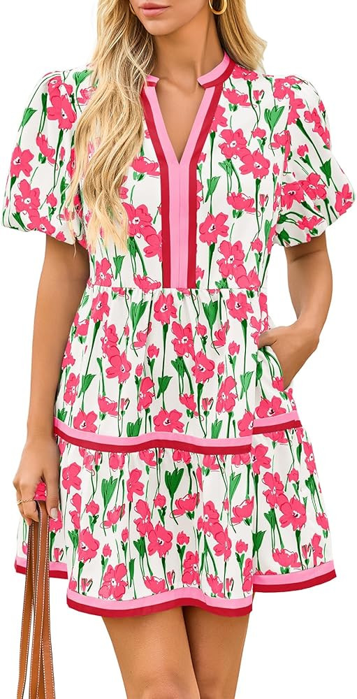 Cicy Bell Womens V Neck Floral Mini Dress Short Puff Sleeve Patchwork Summer Casual Boho Dresses | Amazon (US)