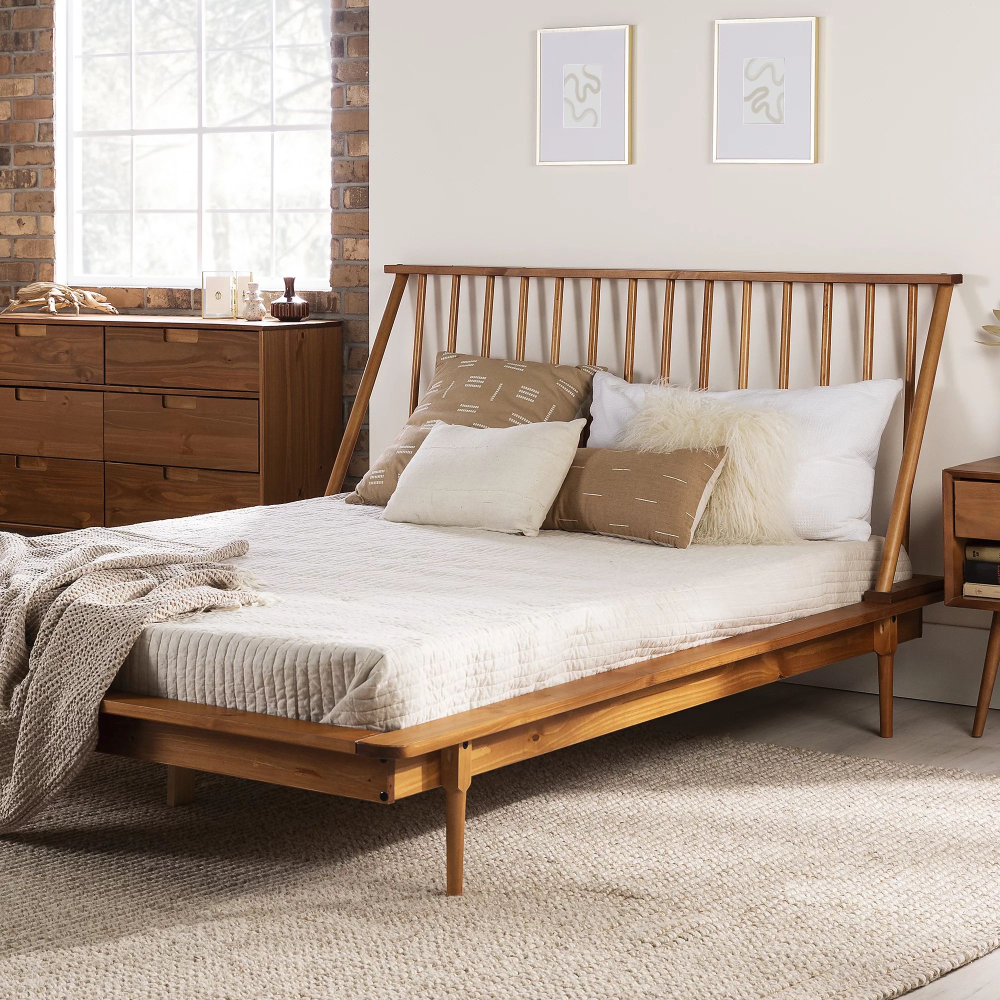 Desert Fields Modern Boho Solid Wood Platform Queen Bed, Caramel - Walmart.com | Walmart (US)