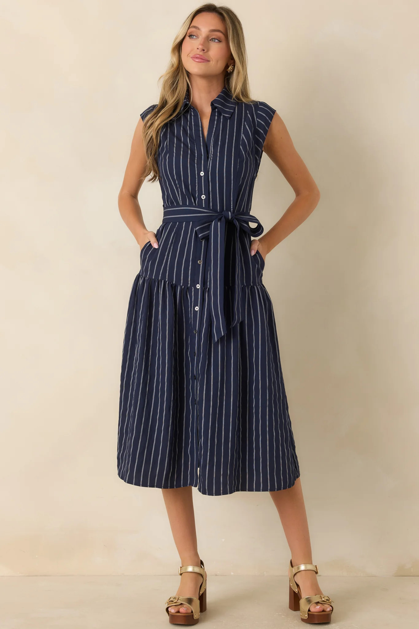 Always On Course Navy Striped Button Front Midi Dress | Red Dress