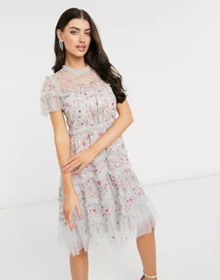 Needle & Thread embroidered cap sleeve ribbon mini dress in crystal blue | ASOS (Global)