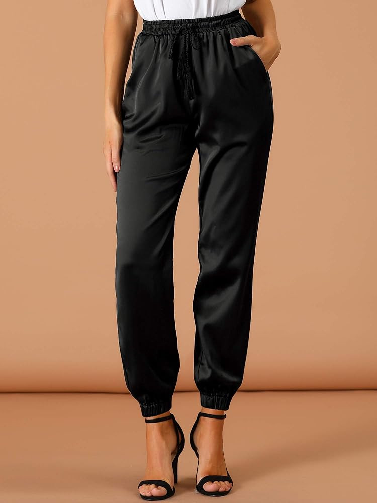 Allegra K Women's Drawstring Elastic Waist Athleisure Pants Ankle Length Satin Joggers with Pocket | Amazon (US)