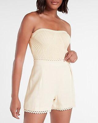 High Waisted Linen-Blend Eyelet Lace Trim Shorts | Express