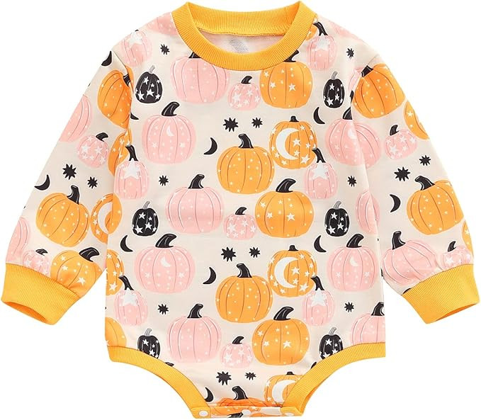 Newborn Baby Halloween Romper Long Sleeve Pumpkin Face Print Oversized Sweatshirt Bodysuit Pullov... | Amazon (US)