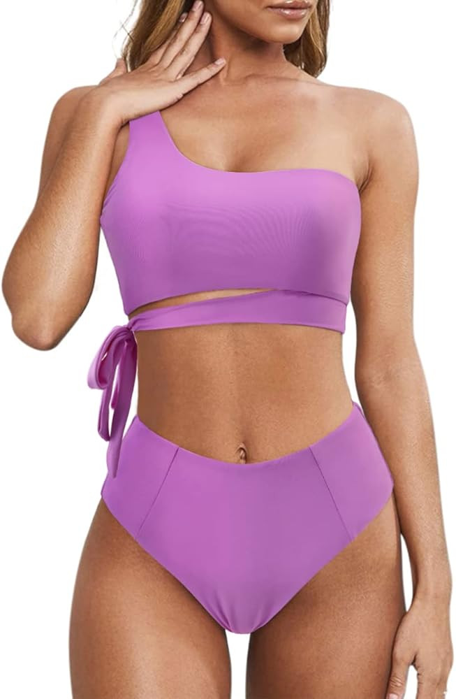 MOOSLOVER Women One Shoulder High Waisted Bikini Tie High Cut Two Piece Swimsuits | Amazon (US)