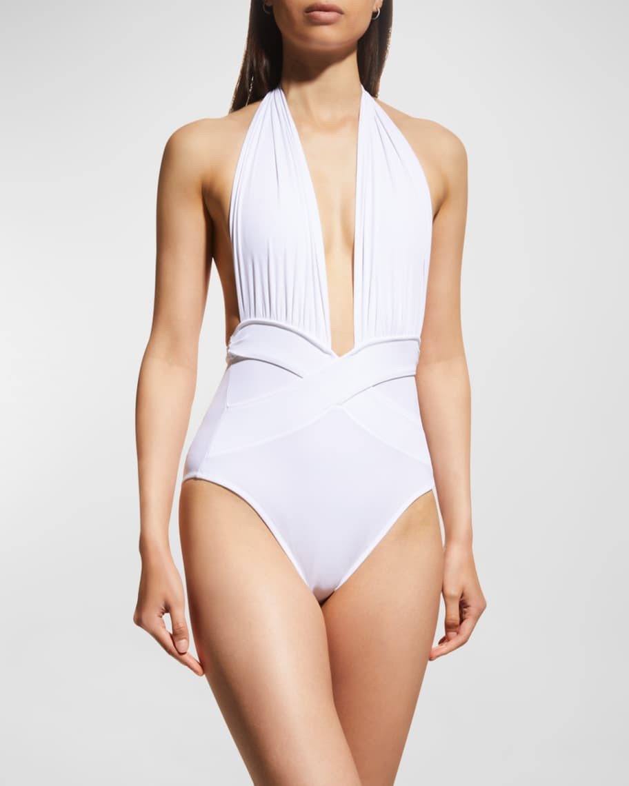 OYE Swimwear Roman Plunge-Neck One-Piece Swimsuit | Neiman Marcus