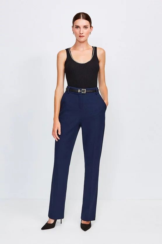 City Stretch Twill Belted Capri Trousers | Karen Millen UK & IE