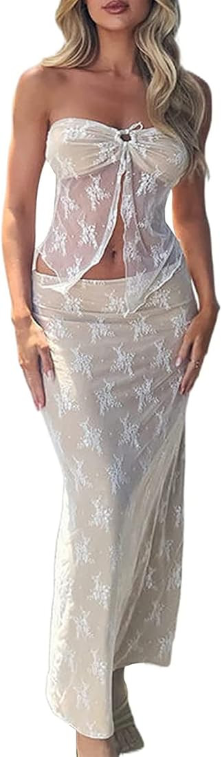 WPNAKS Skirt Set for Women Going Out 2 Piece Outfits Sexy Tube Top Bodycon Maxi Skirts Y2k Matchi... | Amazon (US)