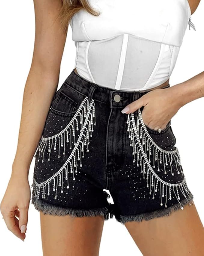 Kedera Women's Rhinestone Shorts High Waist Ripped Hem Fringe Jeans Shorts Frayed Distressed Hot ... | Amazon (US)