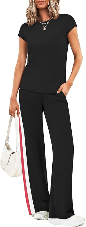 Casly Lamiit 2 Piece Lounge Set for Women 2026 Cap Sleeve Top Wide Leg Pants Sweatsuits Airport T... | Amazon (US)